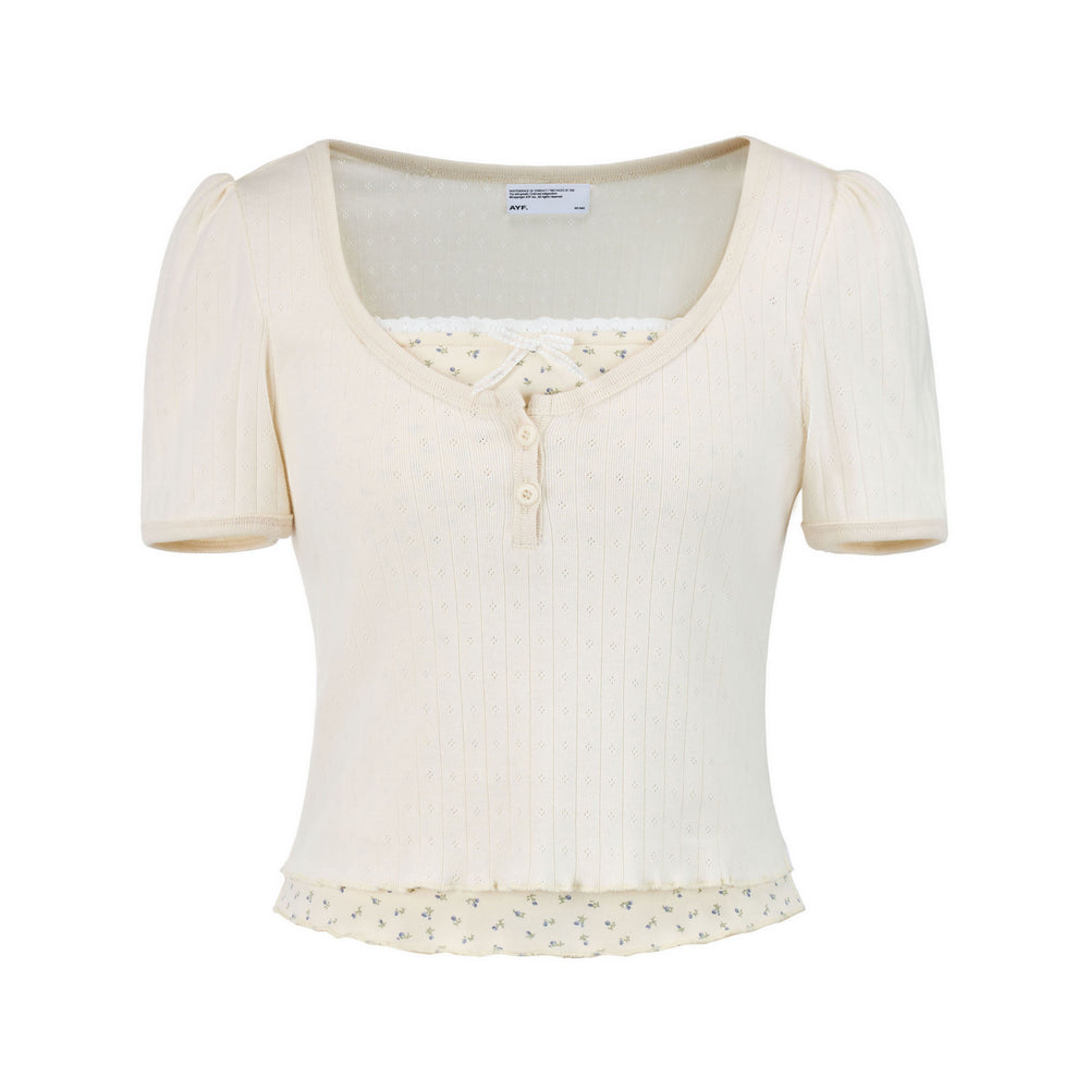Floral Pointelle Puff-Sleeve T-Shirt