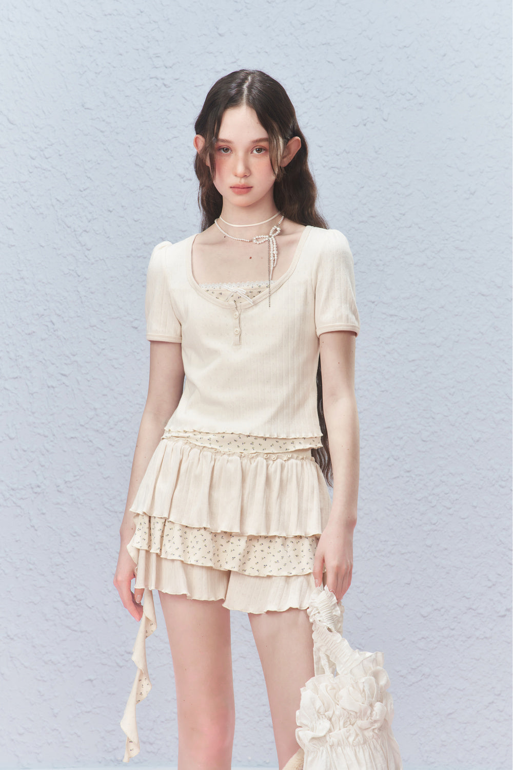 Floral Pointelle Puff-Sleeve T-Shirt