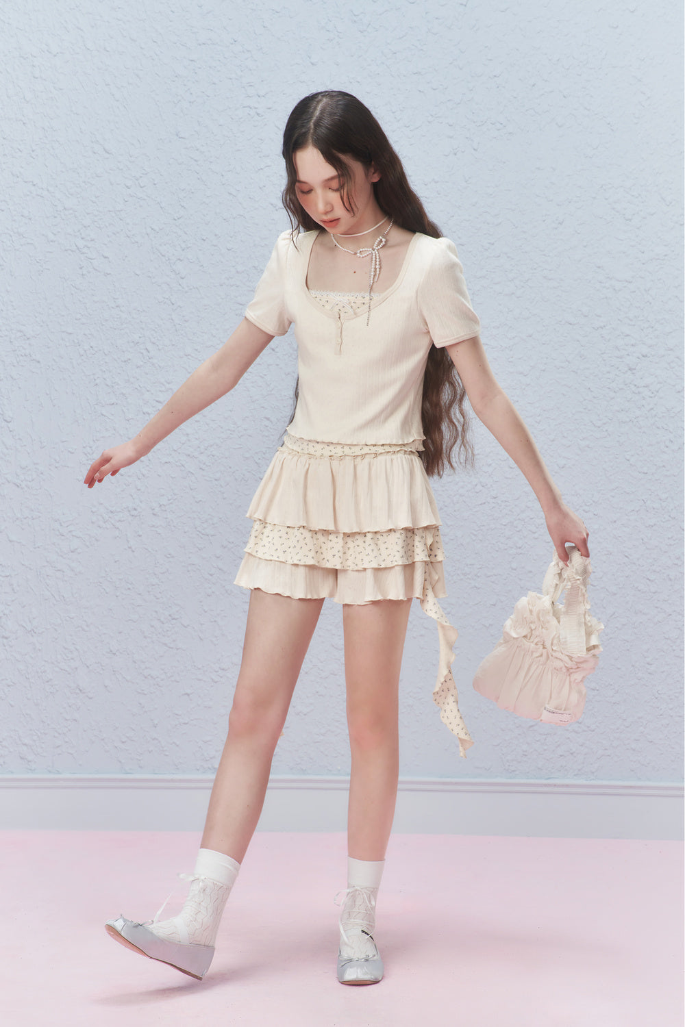 Floral Pointelle Puff-Sleeve T-Shirt