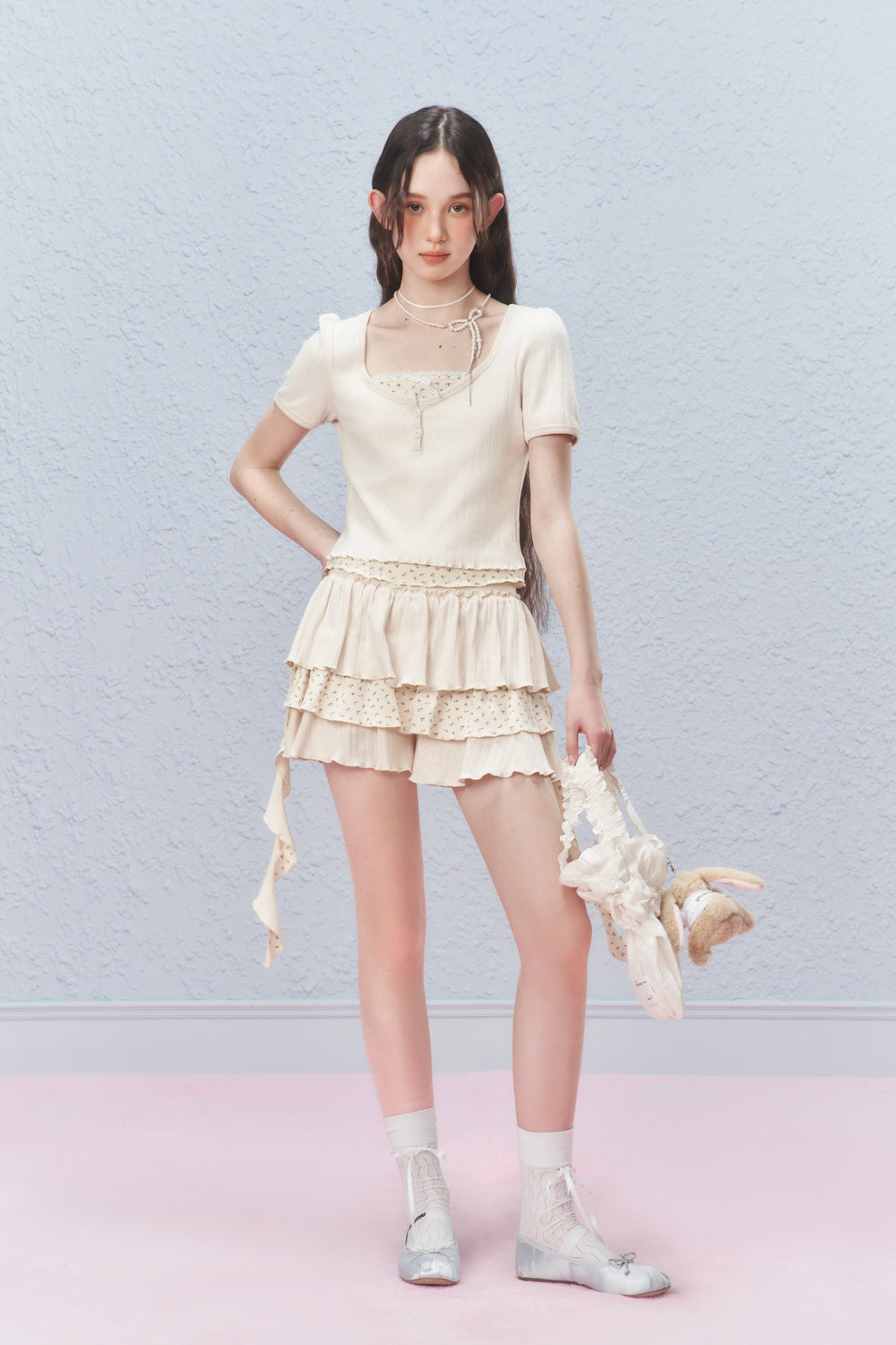 Floral Pointelle Puff-Sleeve T-Shirt