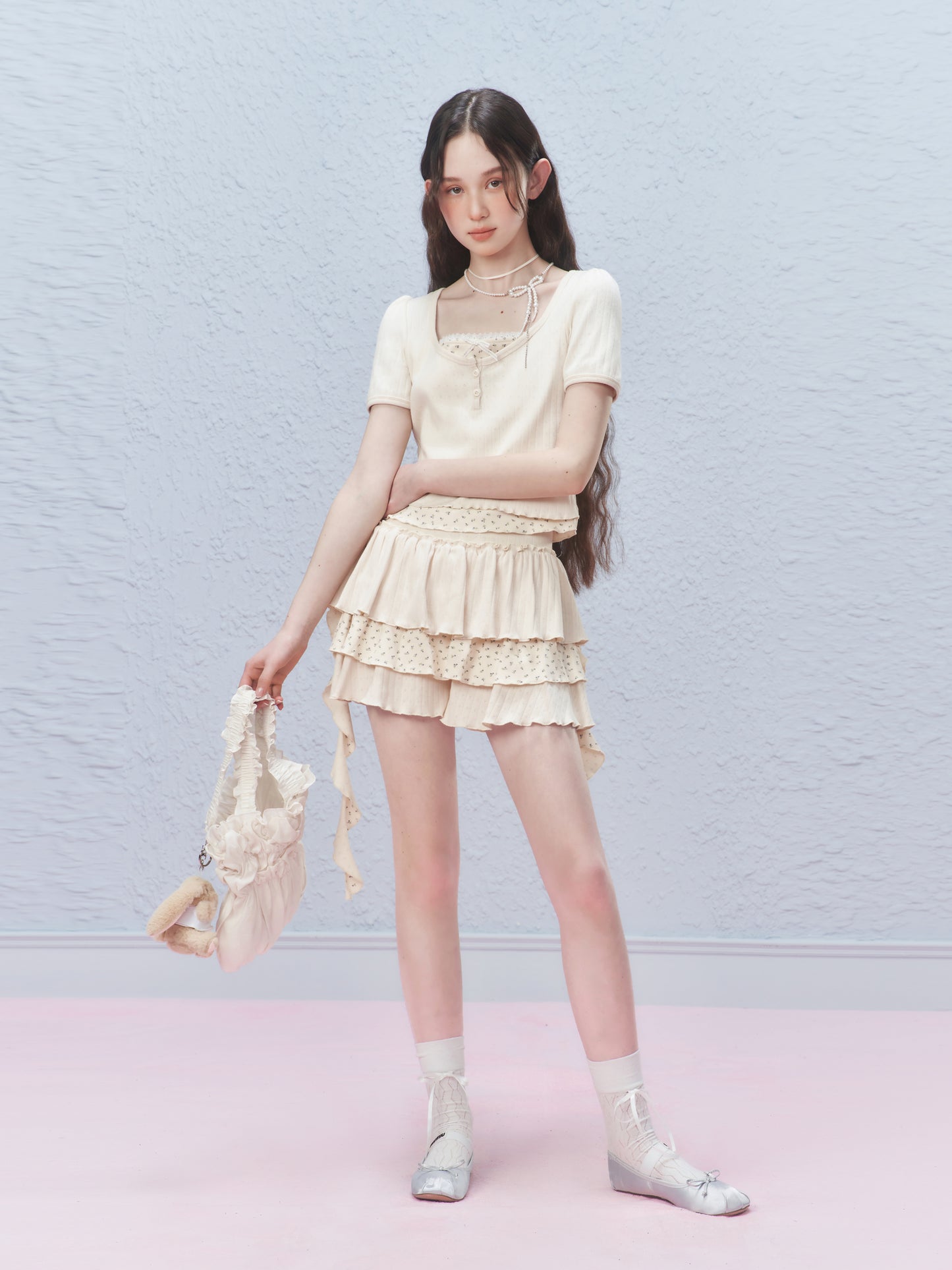 Floral Pointelle Puff-Sleeve T-Shirt