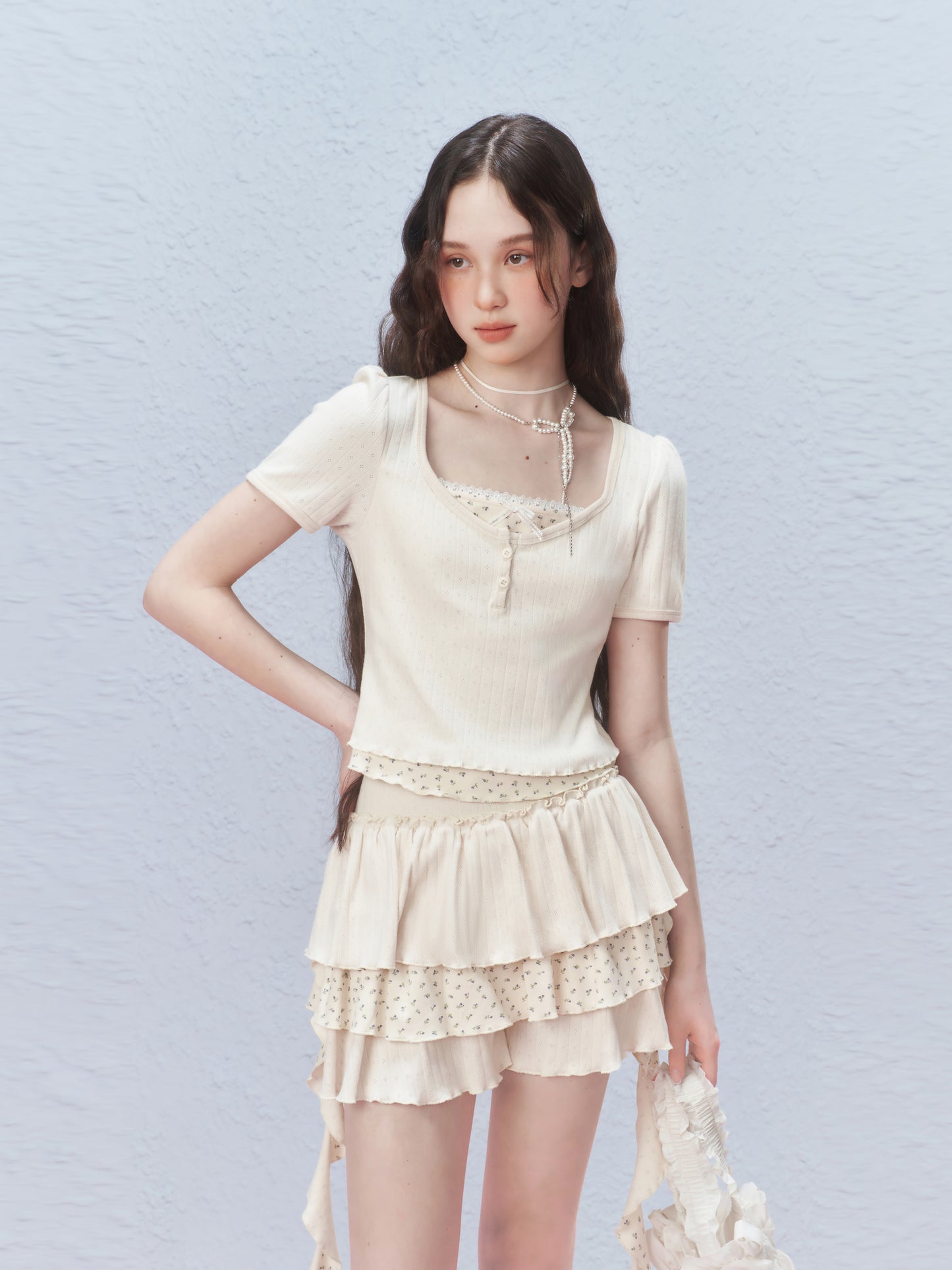 Floral Pointelle Puff-Sleeve T-Shirt