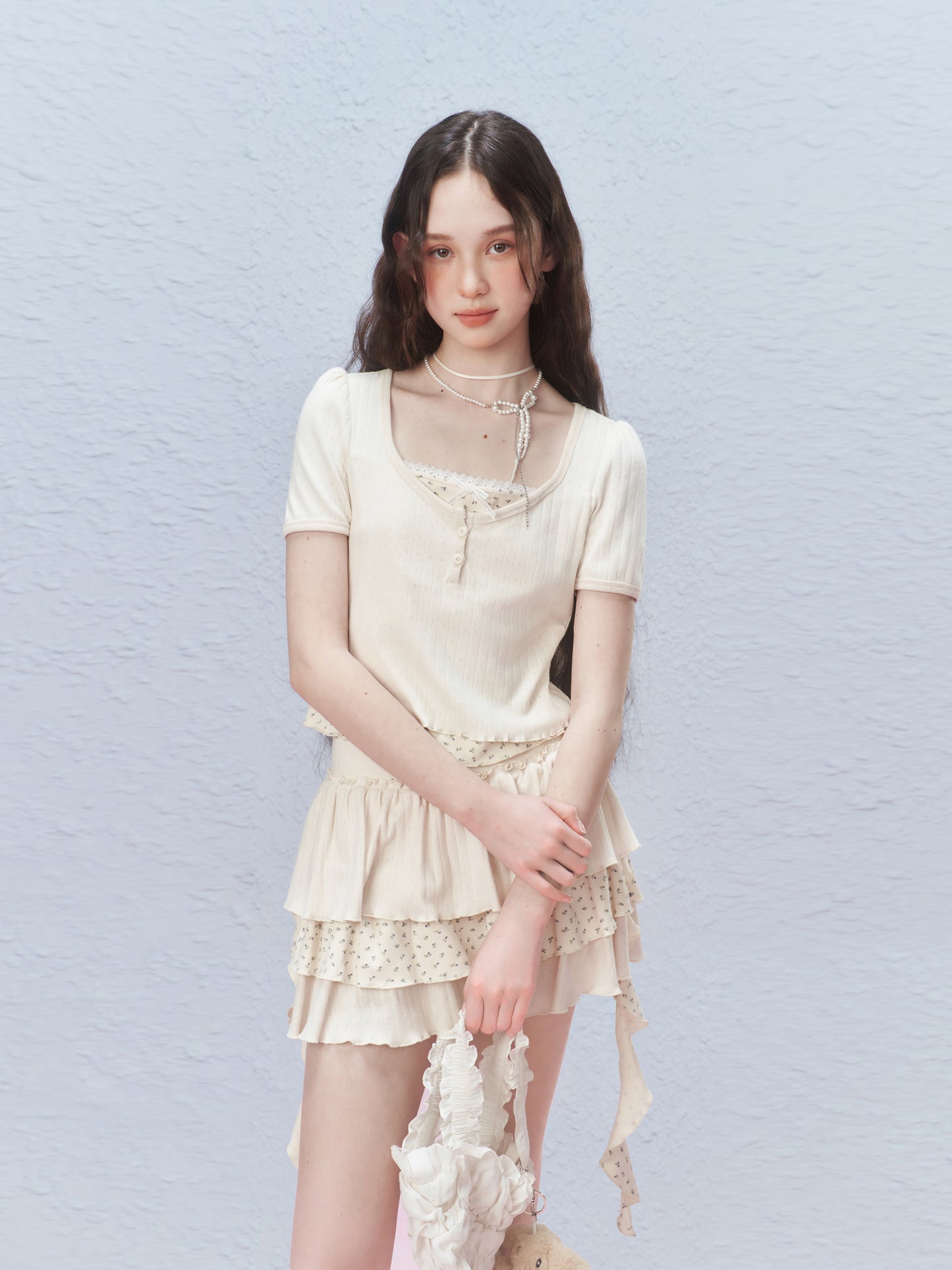 Floral Pointelle Puff-Sleeve T-Shirt