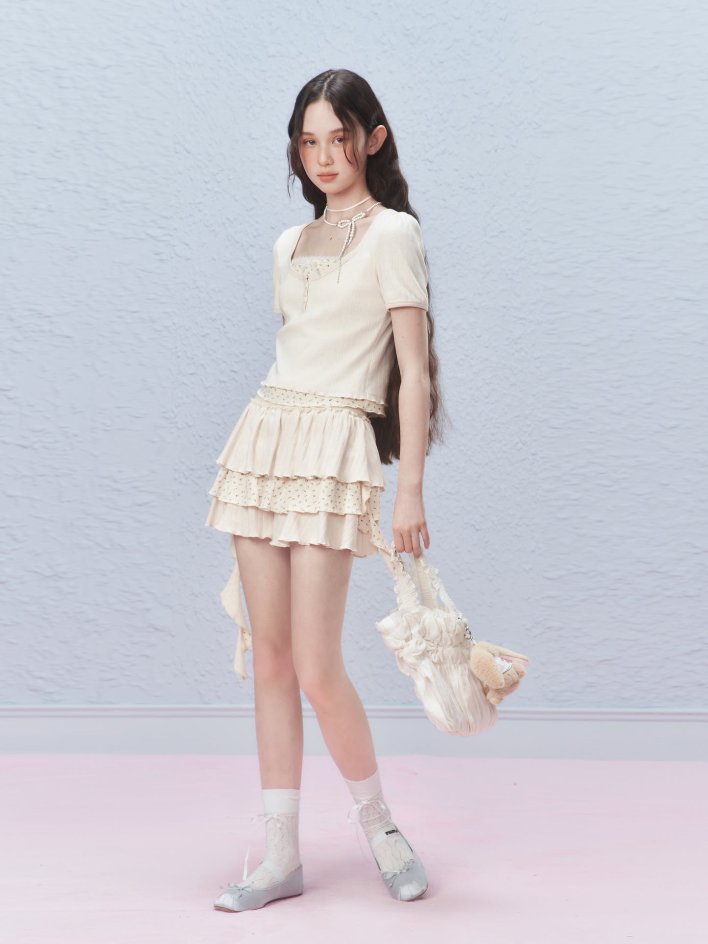 Floral Pointelle Puff-Sleeve T-Shirt