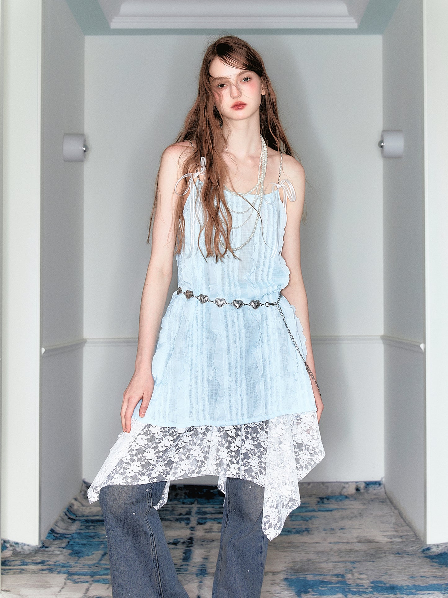 Ruffle Stripe Sheer Cami Top And Heart Chain Belt