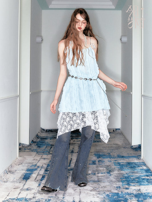 Ruffle Stripe Sheer Cami Top And Heart Chain Belt