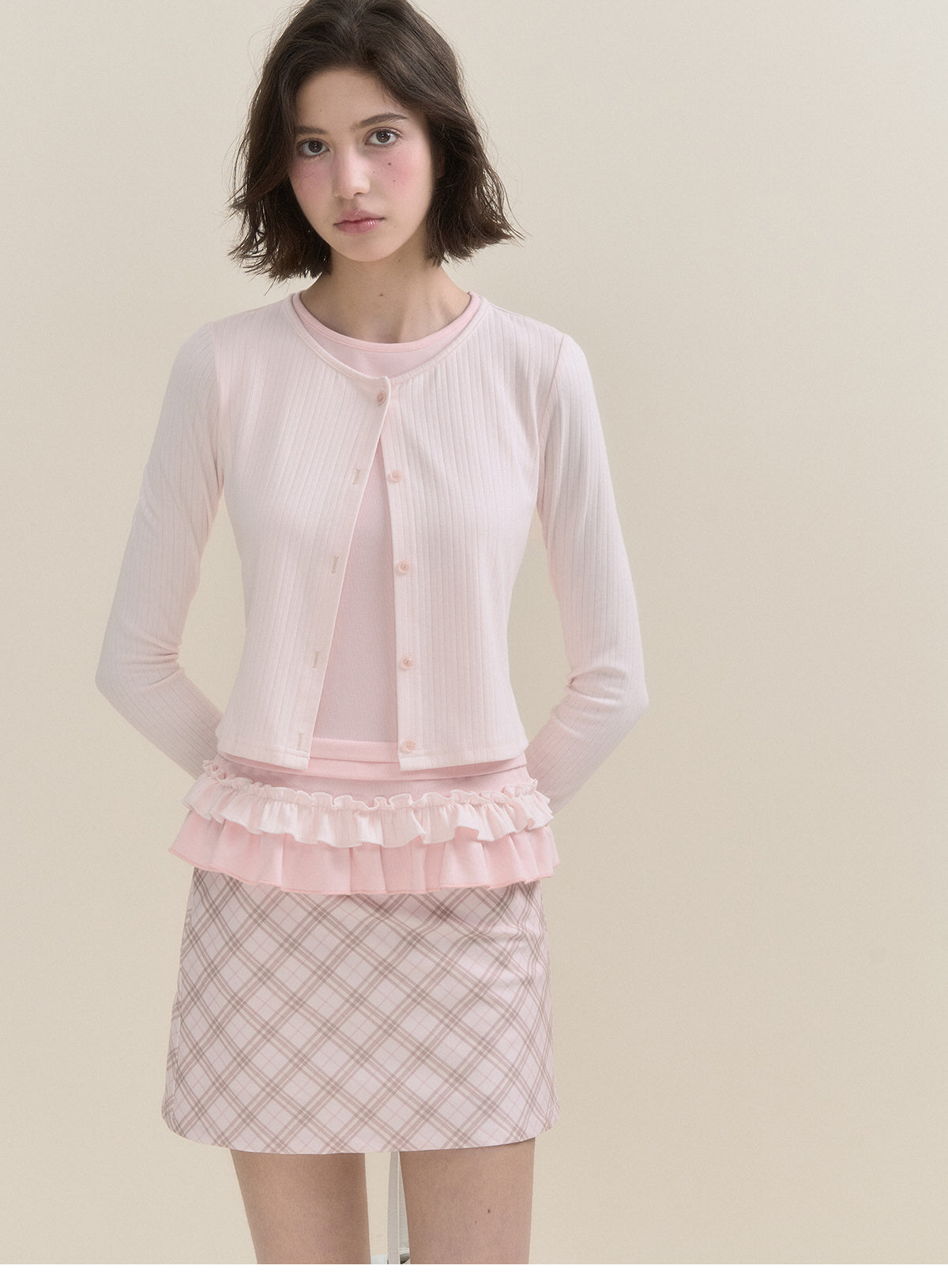 Ruffle Hem Layered Button-Up Top