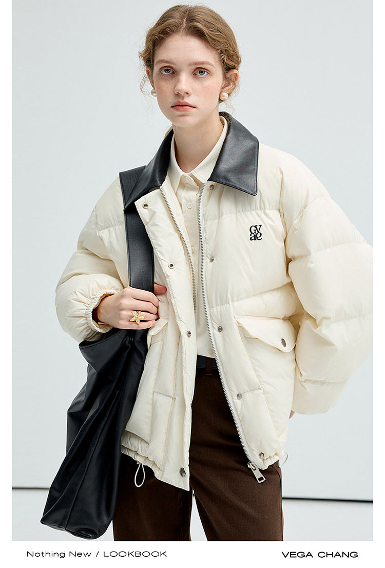 Faux Leather Collar Water-Resistant Puffer Jacket