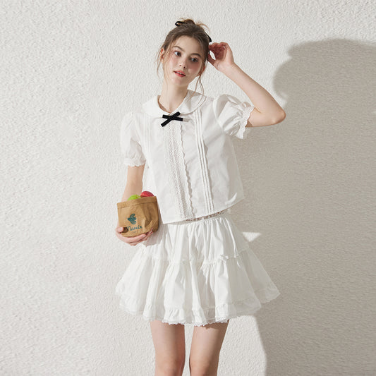 Peter Pan Collar Pintuck Blouse With Lace Details