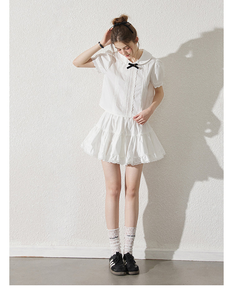 Peter Pan Collar Pintuck Blouse With Lace Details