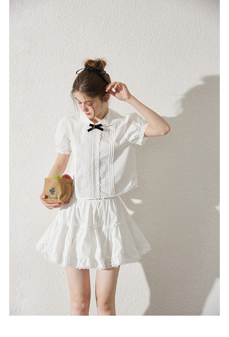 Peter Pan Collar Pintuck Blouse With Lace Details