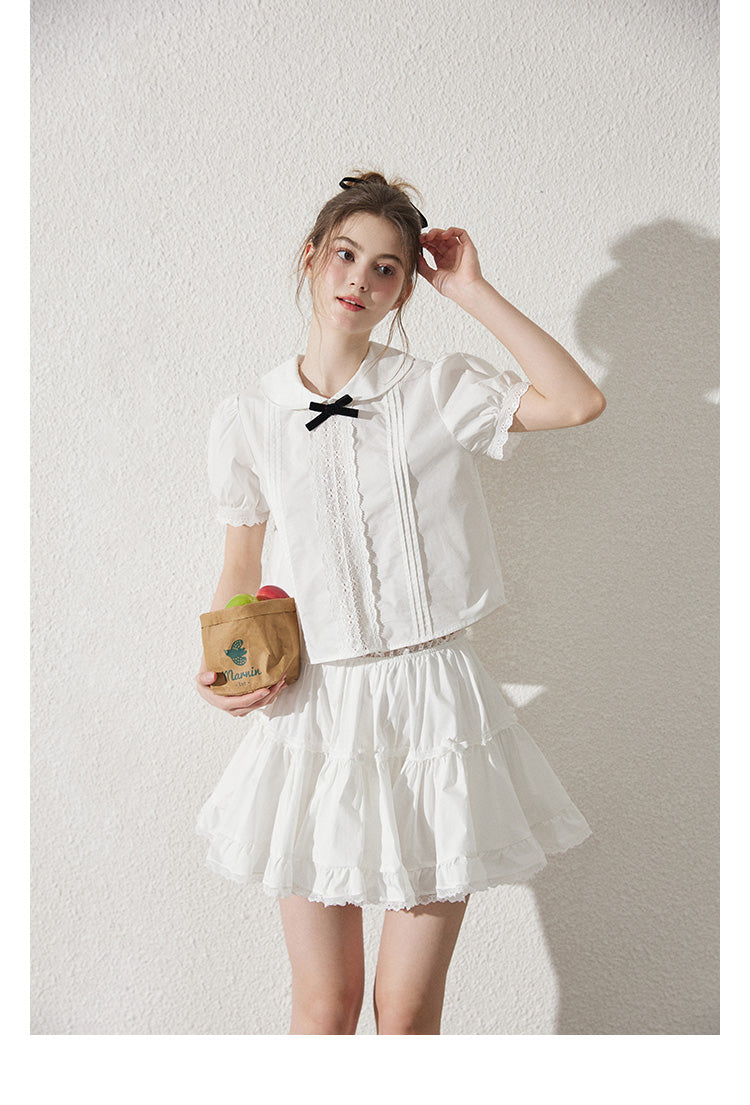 Peter Pan Collar Pintuck Blouse With Lace Details