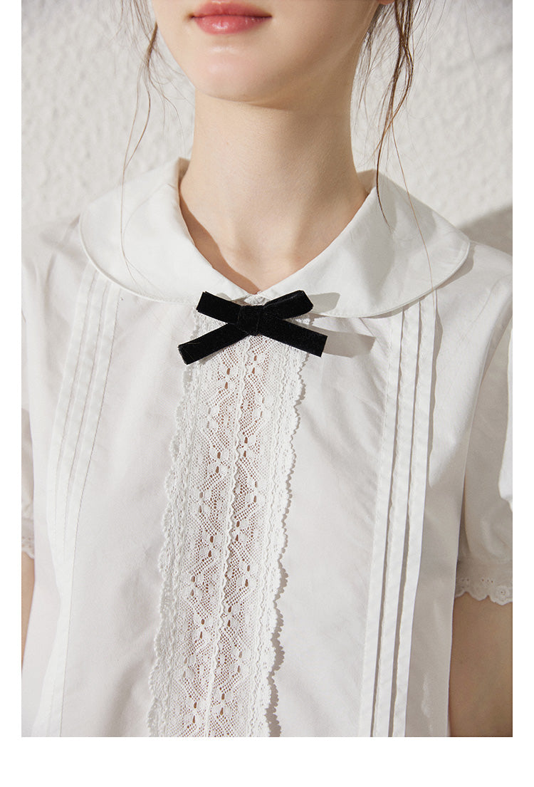 Peter Pan Collar Pintuck Blouse With Lace Details