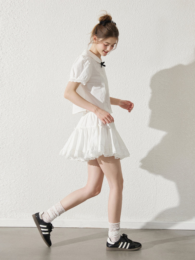 Peter Pan Collar Pintuck Blouse With Lace Details