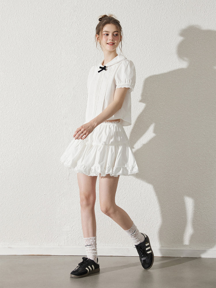 Peter Pan Collar Pintuck Blouse With Lace Details