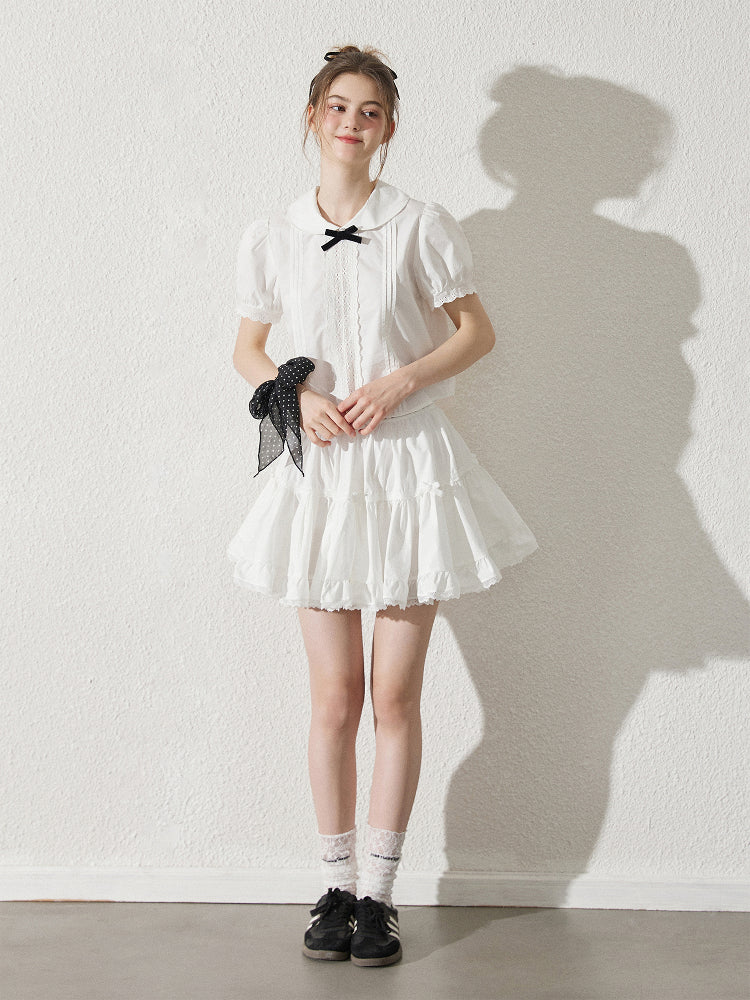 Peter Pan Collar Pintuck Blouse With Lace Details