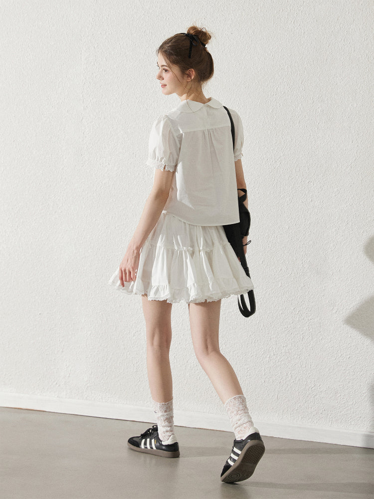 Peter Pan Collar Pintuck Blouse With Lace Details
