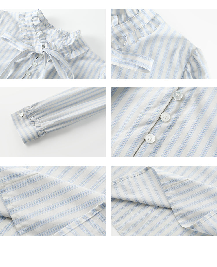 Striped Cotton Tie-Neck Shirt With Frill Details