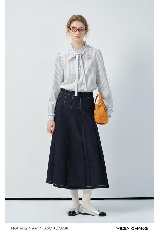 Striped Cotton Tie-Neck Shirt With Frill Details