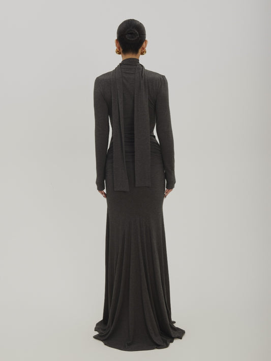 Slim Fit Floor-Length Draped Fluid Dress With Scarf