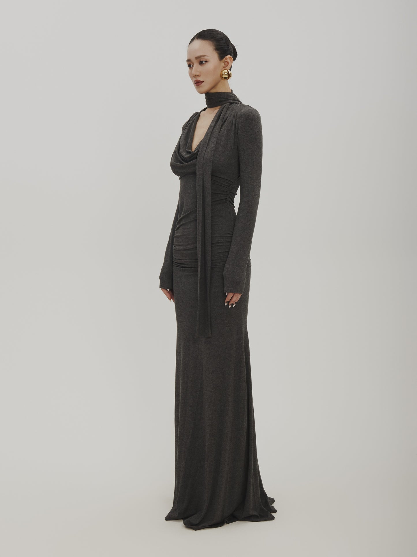 Slim Fit Floor-Length Draped Fluid Dress With Scarf