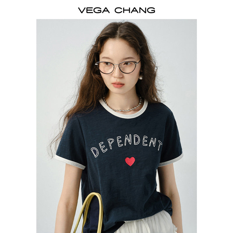 Letter Print Contrast-Trim T-Shirt