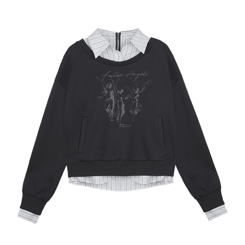 Striped Collar Faux Layered Printed Pullover