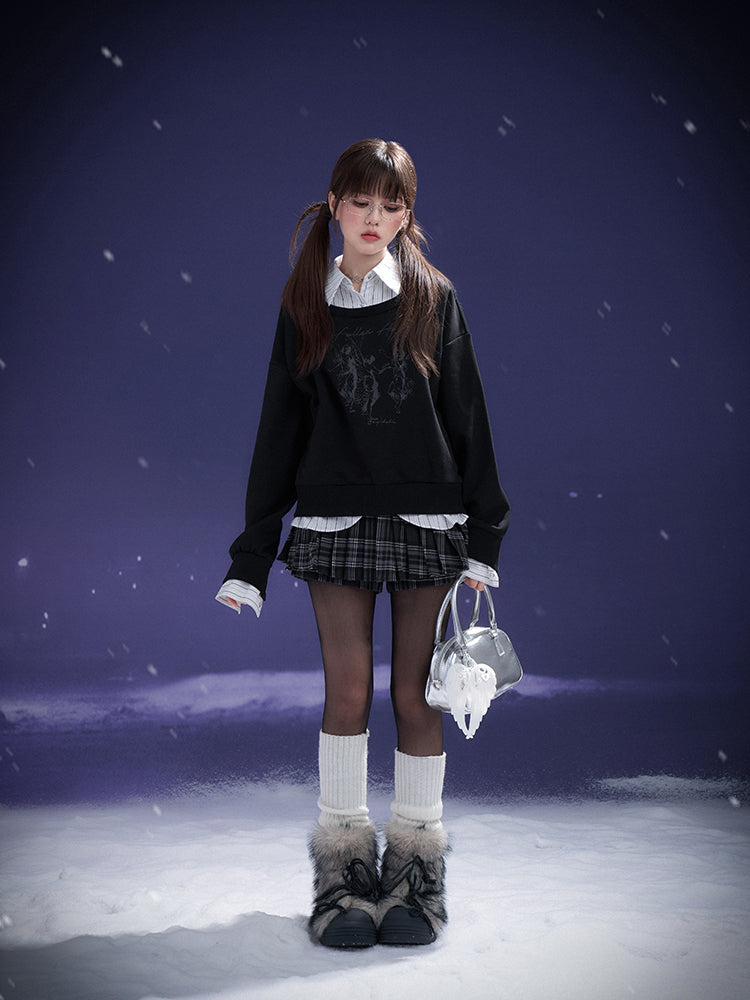 Striped Collar Faux Layered Printed Pullover