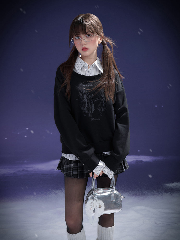 Striped Collar Faux Layered Printed Pullover