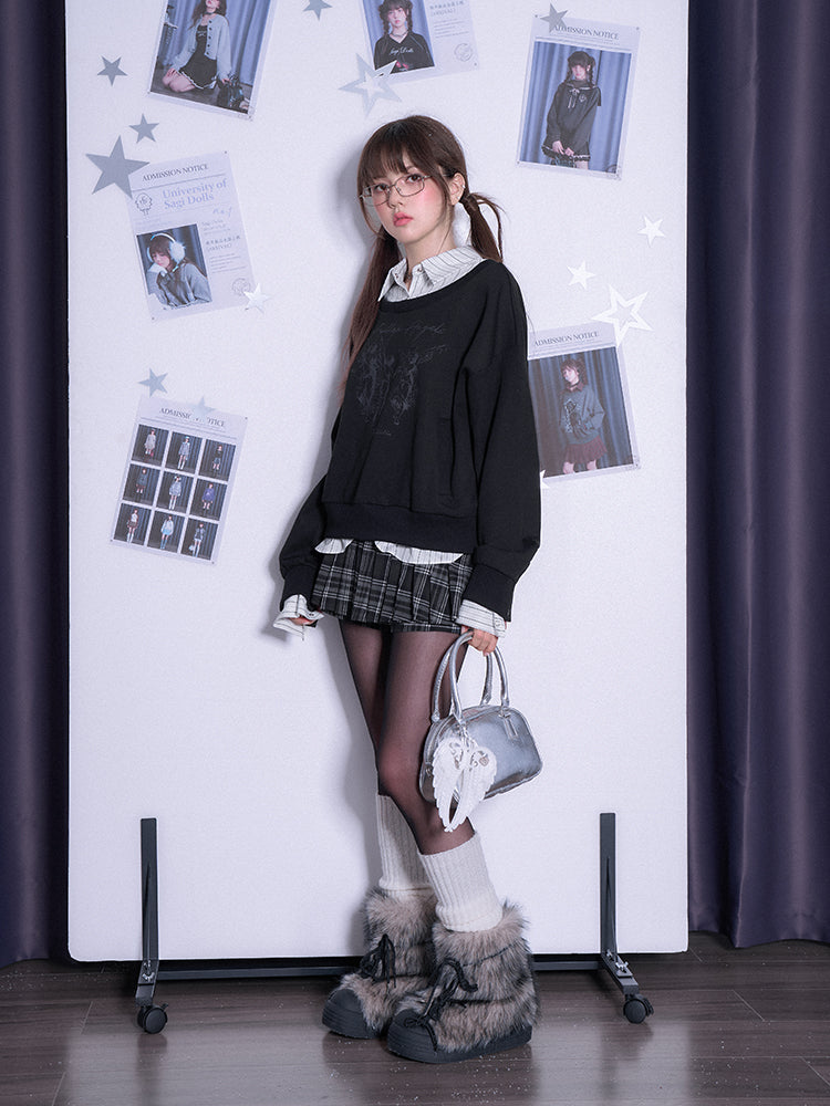 Striped Collar Faux Layered Printed Pullover