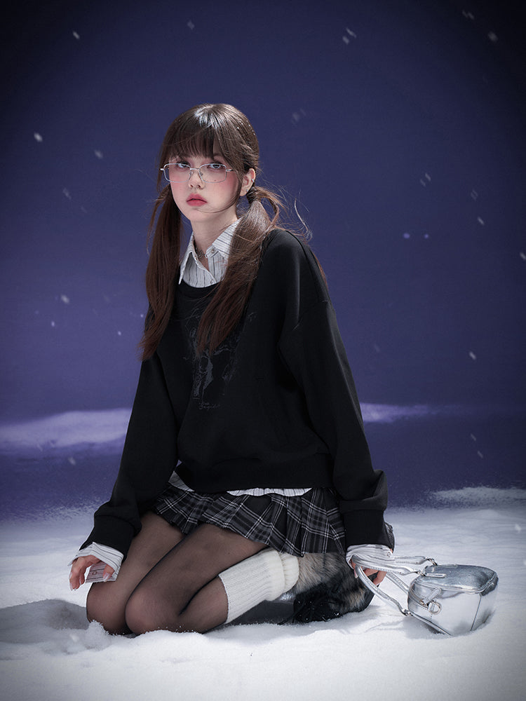 Striped Collar Faux Layered Printed Pullover