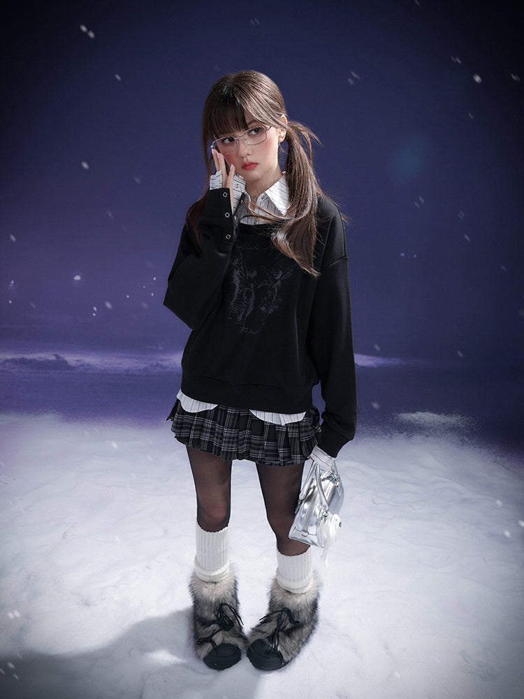 Striped Collar Faux Layered Printed Pullover