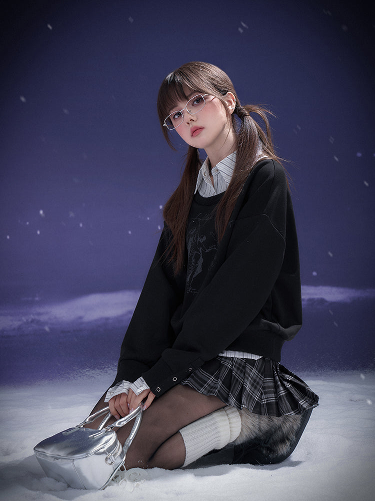 Striped Collar Faux Layered Printed Pullover