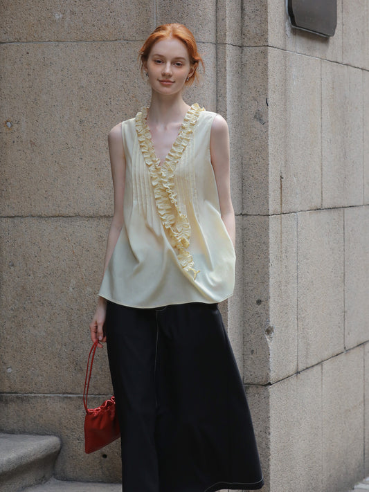 Reversible Ruffle-Neck Pintuck Sleeveless Blouse