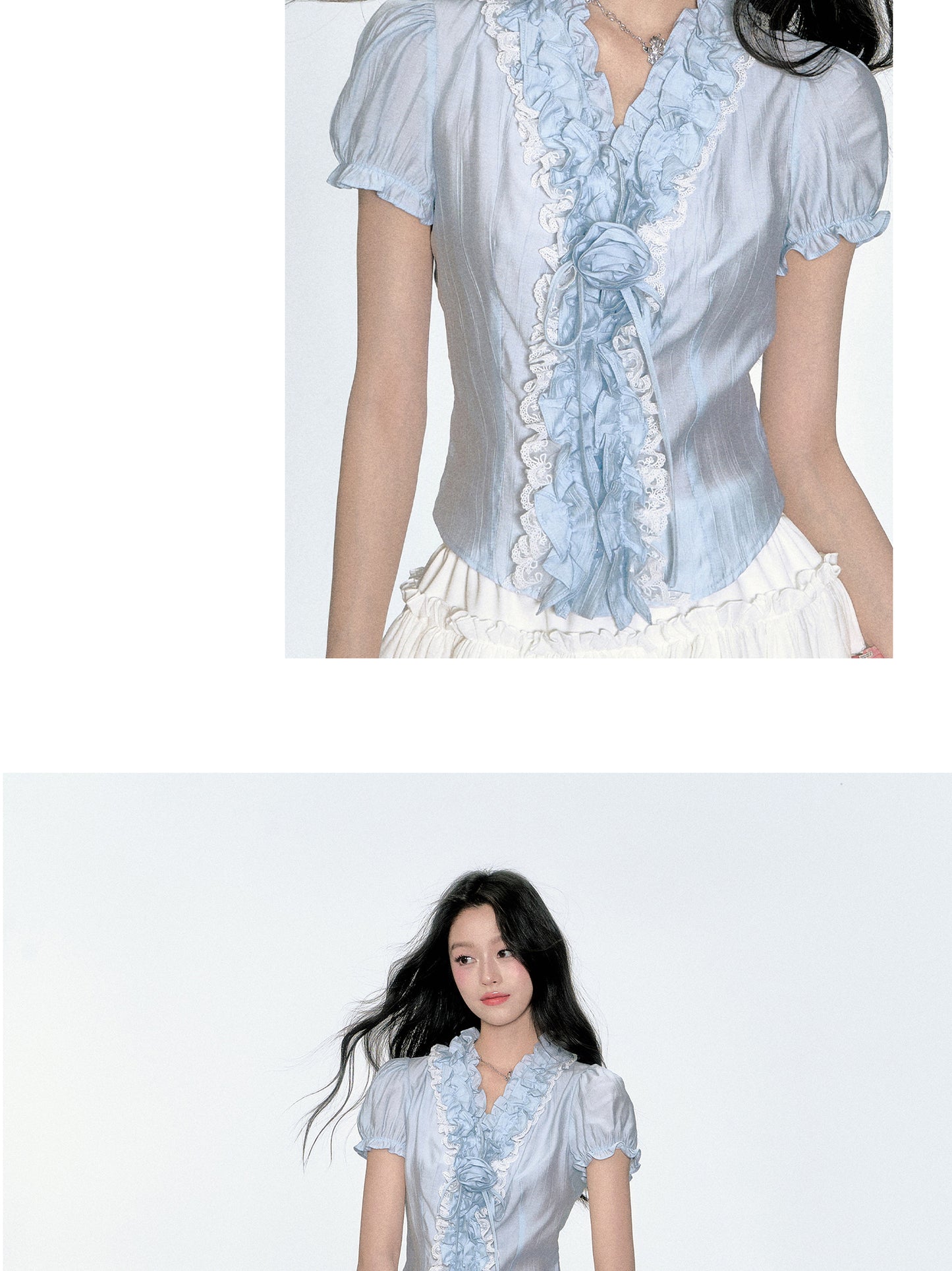 Crinkled Puff-Sleeve Blouse With Ruffle Detail