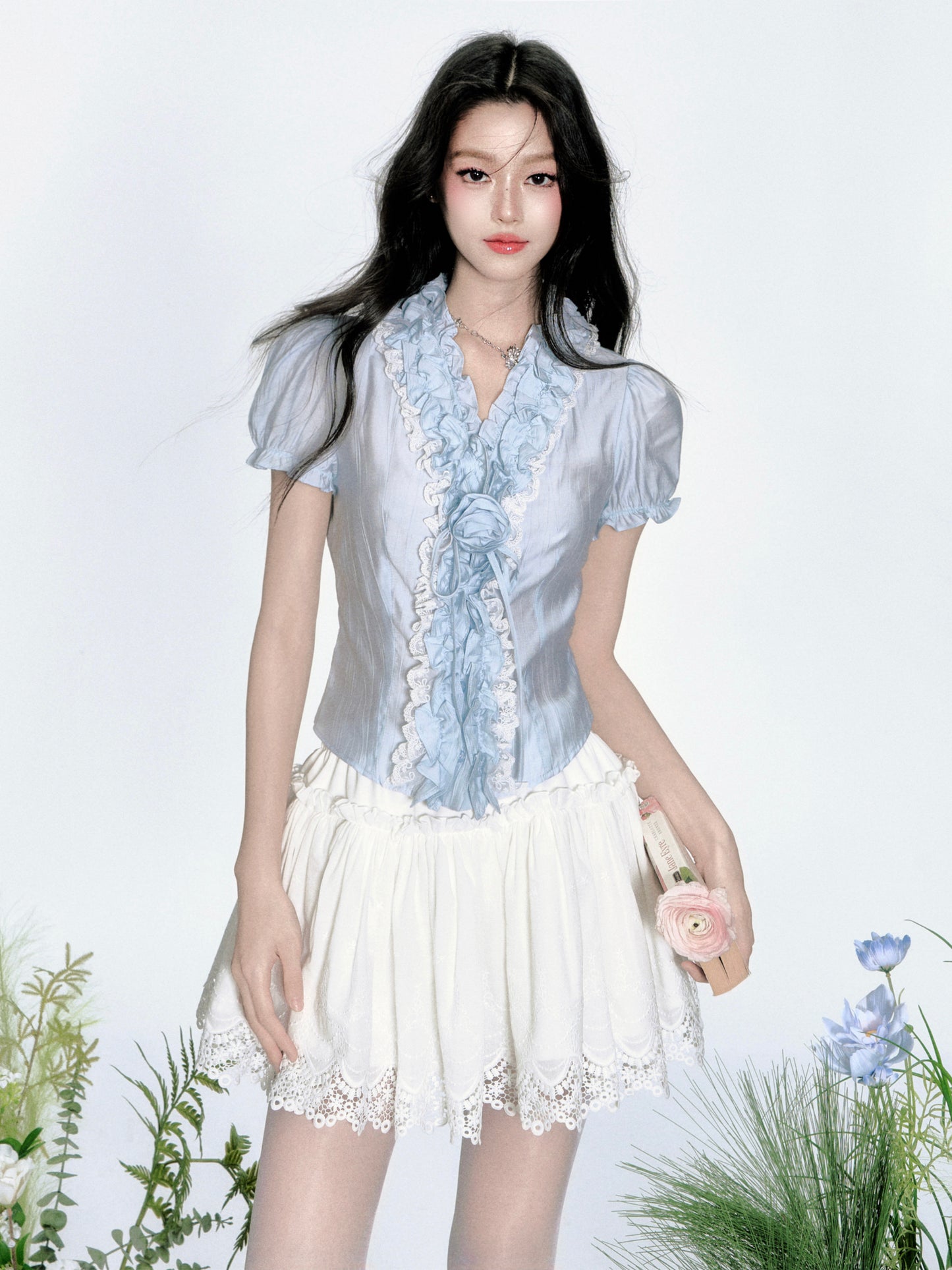 Crinkled Puff-Sleeve Blouse With Ruffle Detail