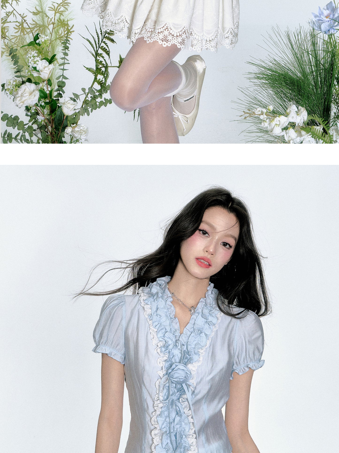 Crinkled Puff-Sleeve Blouse With Ruffle Detail