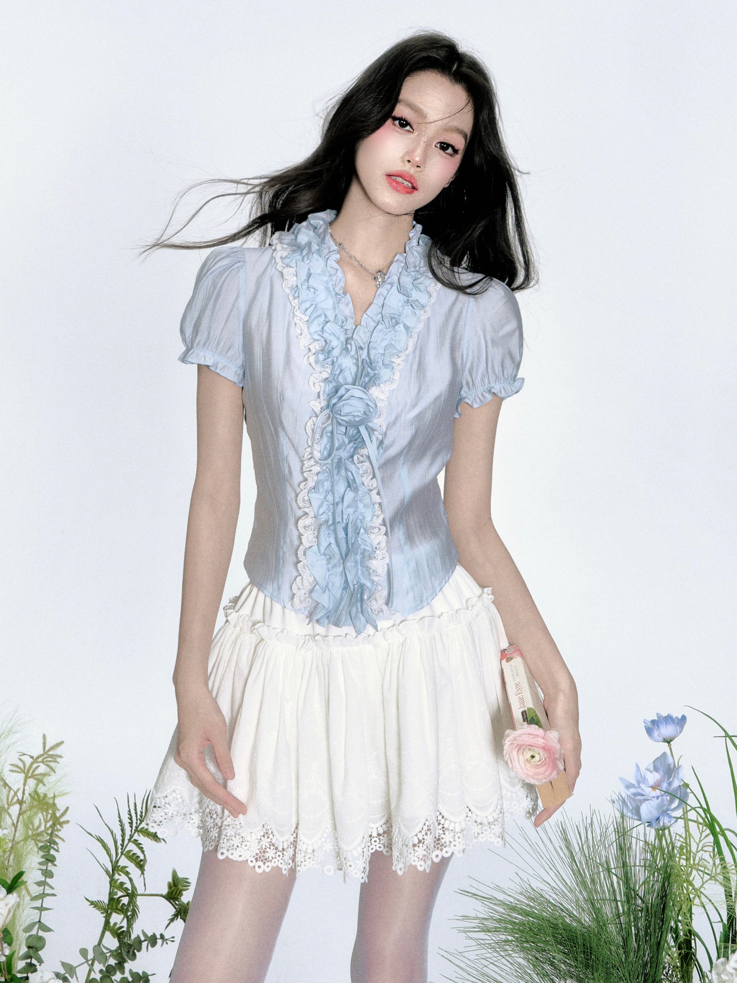 Crinkled Puff-Sleeve Blouse With Ruffle Detail