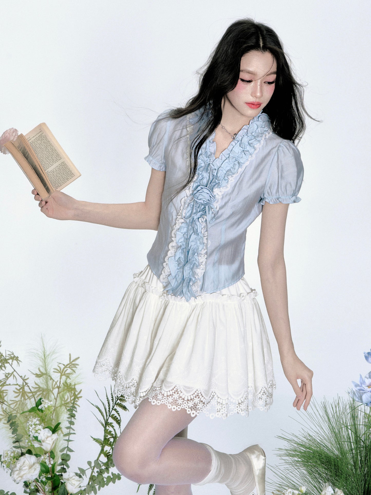 Crinkled Puff-Sleeve Blouse With Ruffle Detail