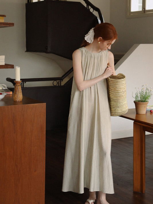 Neutral Sleeveless Gathered Dress With Lace-Up Back