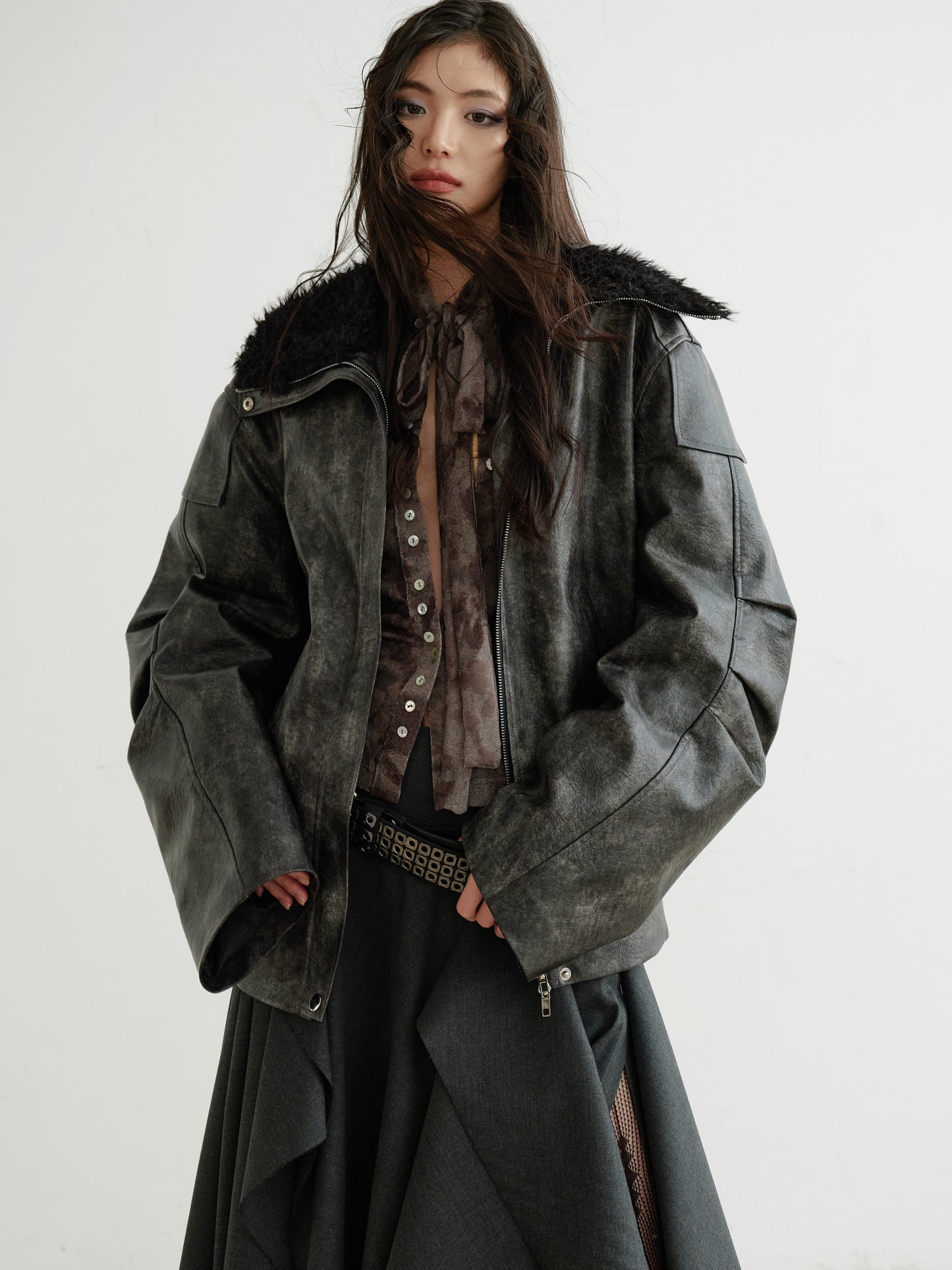 Edgy Faux Leather Fur Collar Rock Jacket