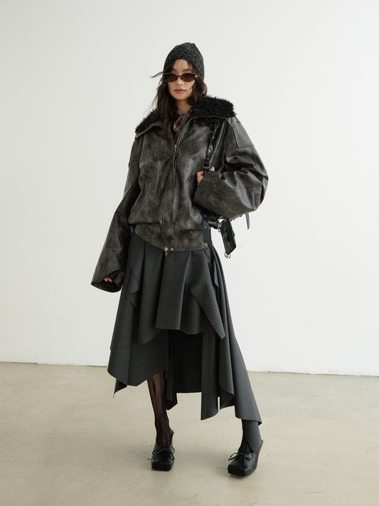 Edgy Faux Leather Fur Collar Rock Jacket