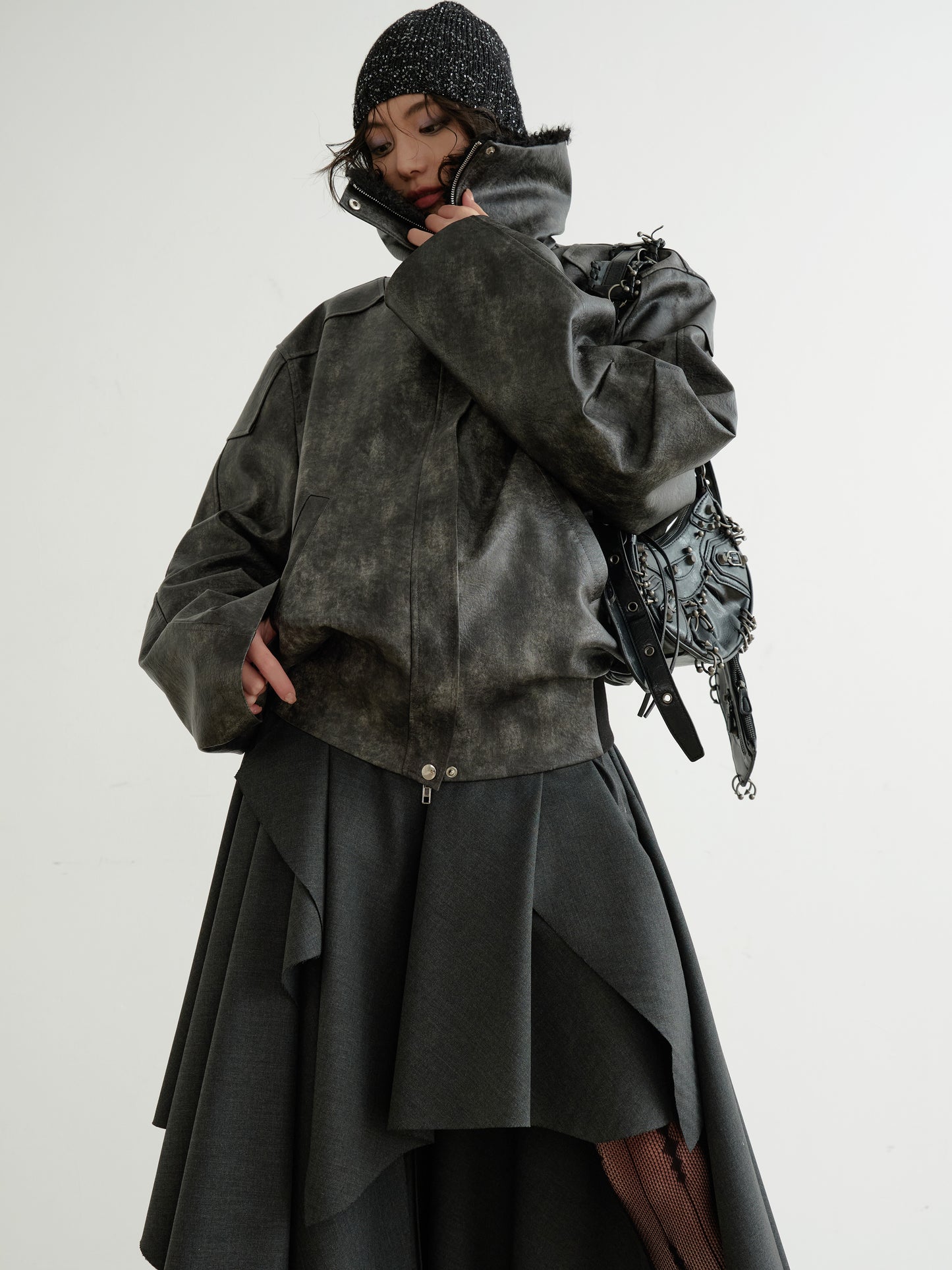 Edgy Faux Leather Fur Collar Rock Jacket