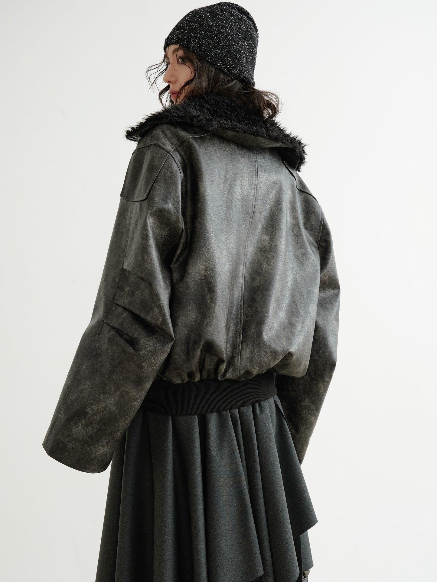 Edgy Faux Leather Fur Collar Rock Jacket