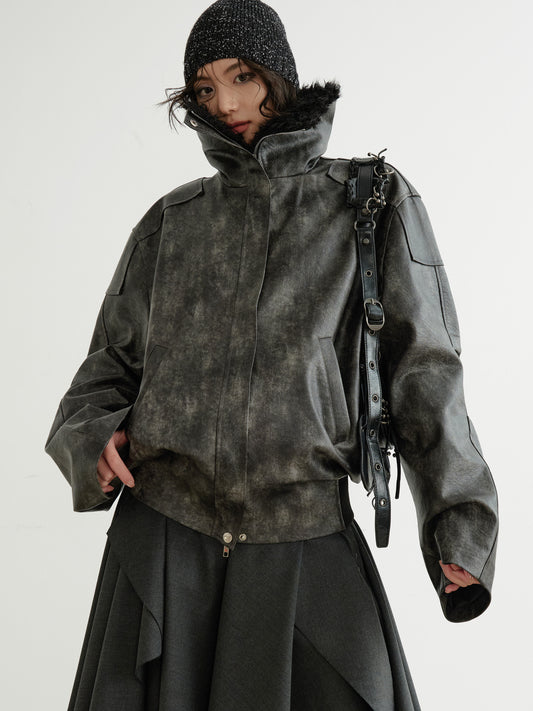 Edgy Faux Leather Fur Collar Rock Jacket