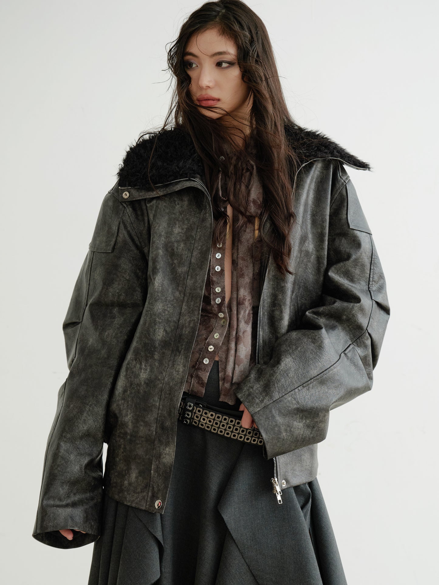 Edgy Faux Leather Fur Collar Rock Jacket