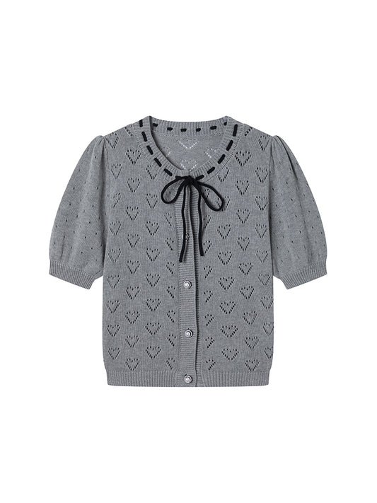 Ribbon Neck Heart Pointelle Knit Top