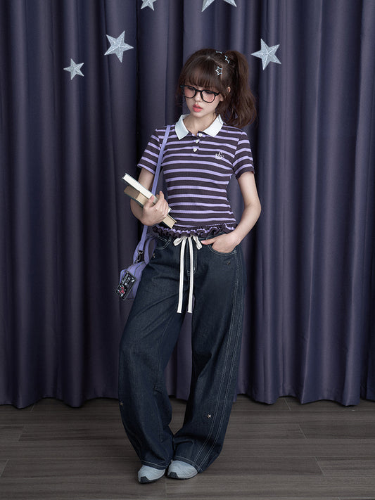 Embroidered Striped Polo Shirt With Ruffled Hem