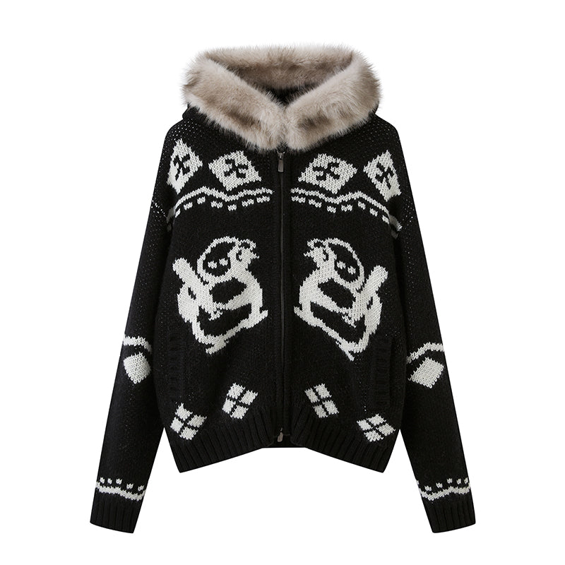 Jacquard Penguin Knit Hoodie With Removable Fur