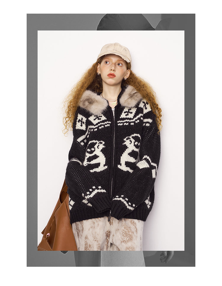 Jacquard Penguin Knit Hoodie With Removable Fur